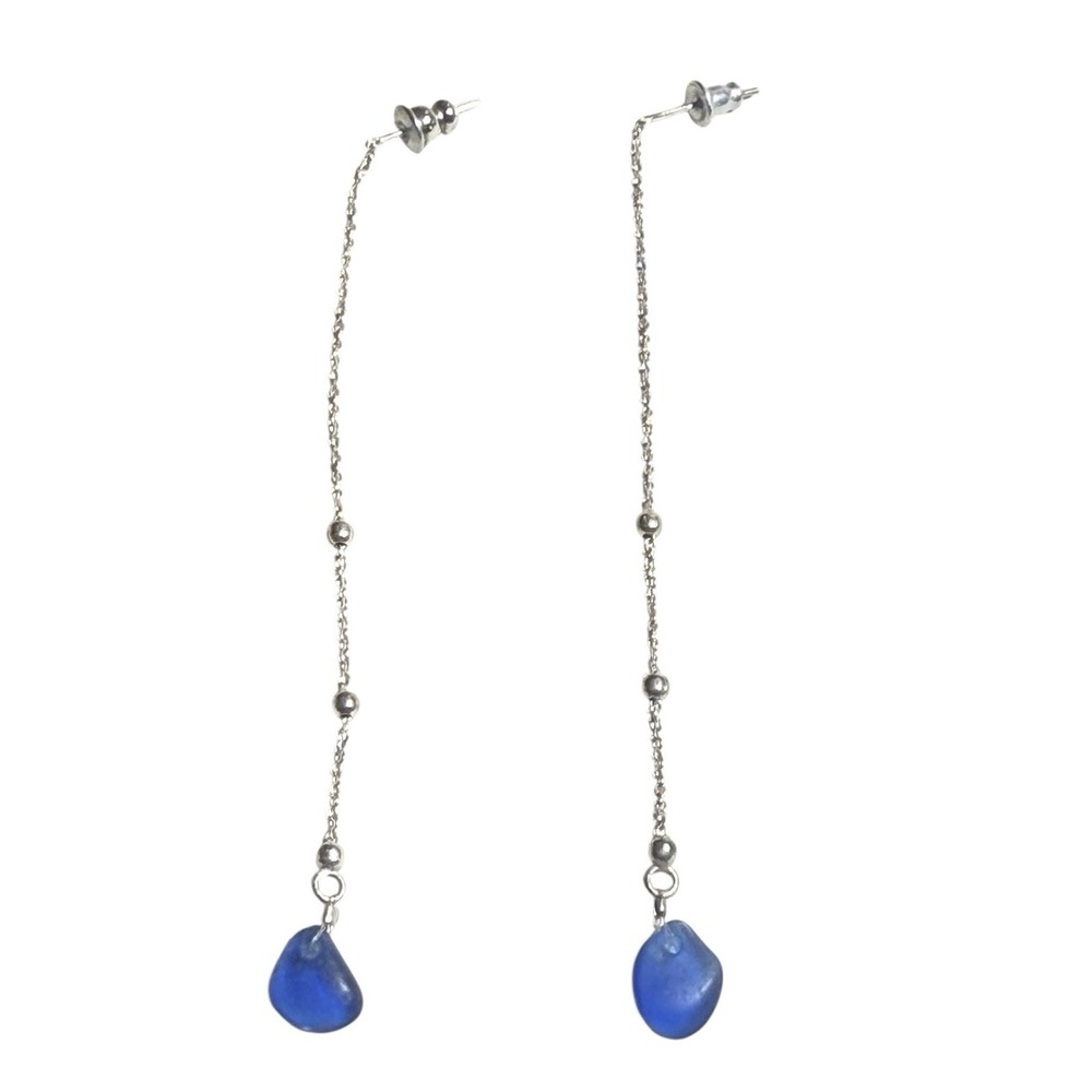 925 Sterling Silver Long Chain Drop Earrings Blue Glass Bead Dangle Boho 3.5"